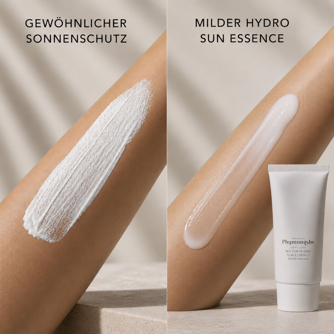 Vergleich - Gewöhnlicher Sonnenschutz vs. Phymongshe Milder Hydro Sun Essence Sonnenschutz