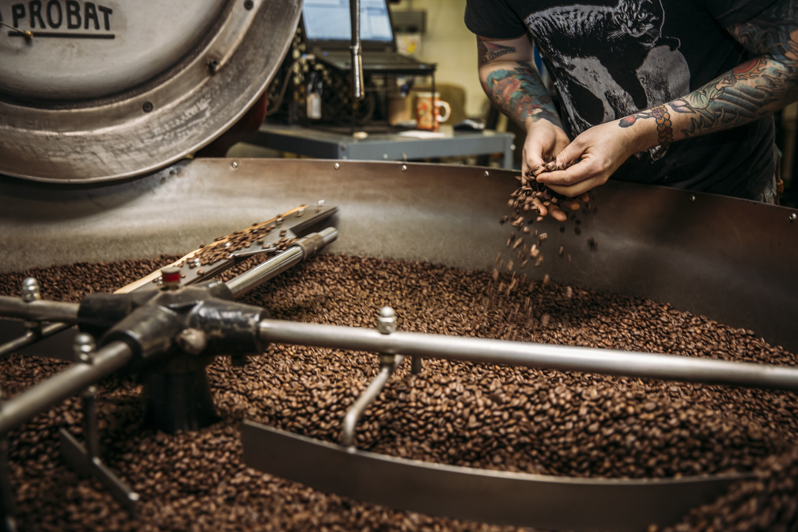 image of coffee roasting in a probat coffee roaster image of coffee roasting in a probat coffee roaster